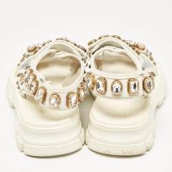 Gucci Off White Leather and Mesh Crystal Embellished Aguru Sandals Size 39