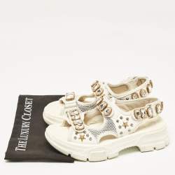 Gucci Off White Leather and Mesh Crystal Embellished Aguru Sandals Size 39