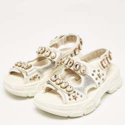 Gucci Off White Leather and Mesh Crystal Embellished Aguru Sandals Size 39