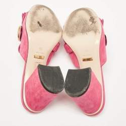 Gucci Pink Suede Double G Fringe Details Block Heel Slide Sandals Size 35