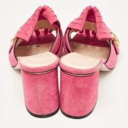 Gucci Pink Suede Double G Fringe Details Block Heel Slide Sandals Size 35