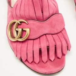 Gucci Pink Suede Double G Fringe Details Block Heel Slide Sandals Size 35