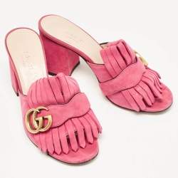 Gucci Pink Suede Double G Fringe Details Block Heel Slide Sandals Size 35