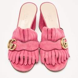 Gucci Pink Suede Double G Fringe Details Block Heel Slide Sandals Size 35