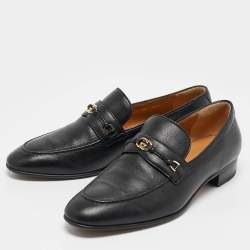 Pre Owned Gucci Black Leather Interlocking G Loafers Size 39