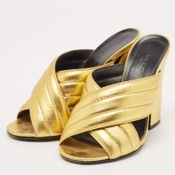 Gucci Metallic Gold Leather Webby Slide Sandals Size 36.5