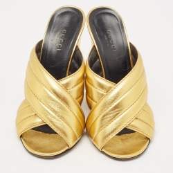 Gucci Metallic Gold Leather Webby Slide Sandals Size 36.5
