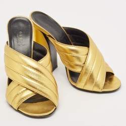 Gucci Metallic Gold Leather Webby Slide Sandals Size 36.5