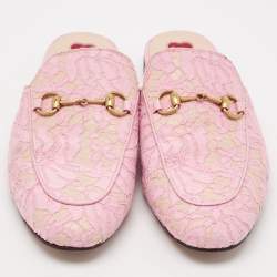 Gucci Pink Lace and Mesh Princetown Flat Mules Size 38