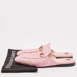 Gucci Pink Lace and Mesh Princetown Flat Mules Size 38