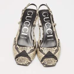 مملوكة مسبقًا Gucci Black/Cream Snakeskin Embossed Leather Slingback Sandals Size 37
