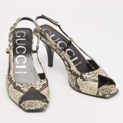 مملوكة مسبقًا Gucci Black/Cream Snakeskin Embossed Leather Slingback Sandals Size 37