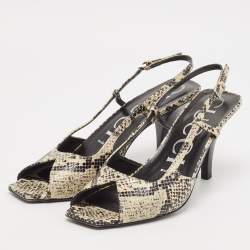 مملوكة مسبقًا Gucci Black/Cream Snakeskin Embossed Leather Slingback Sandals Size 37