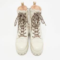 Pre Owned Gucci Cream Leather GG Matelassé Combat Ankle Boots Size 36