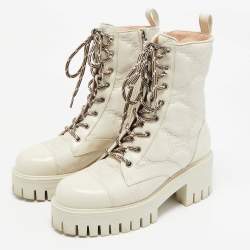 Pre Owned Gucci Cream Leather GG Matelassé Combat Ankle Boots Size 36