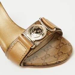 Pre Owned Gucci Gold Leather and GG Crystal Canvas Logo Slide Sandals Size 38