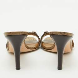 Pre Owned Gucci Gold Leather and GG Crystal Canvas Logo Slide Sandals Size 38