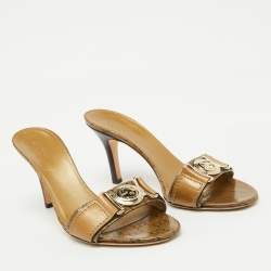 Pre Owned Gucci Gold Leather and GG Crystal Canvas Logo Slide Sandals Size 38
