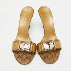 Pre Owned Gucci Gold Leather and GG Crystal Canvas Logo Slide Sandals Size 38