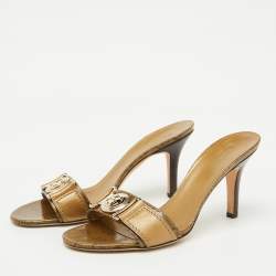 Pre Owned Gucci Gold Leather and GG Crystal Canvas Logo Slide Sandals Size 38