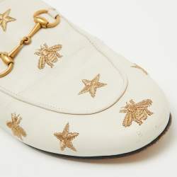 Gucci White Leather Bee and Star Embroidered Princetown Flat Mules Size 38