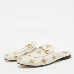 Gucci White Leather Bee and Star Embroidered Princetown Flat Mules Size 38