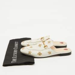 Gucci White Leather Bee and Star Embroidered Princetown Flat Mules Size 38