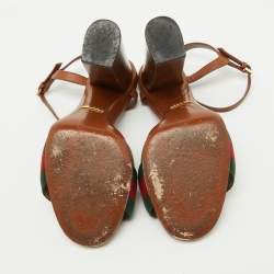 مملوكة مسبقًا Gucci Brown Leather and Web Tape Horsebit Ankle Strap Sandals Size 37