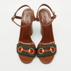 مملوكة مسبقًا Gucci Brown Leather and Web Tape Horsebit Ankle Strap Sandals Size 37