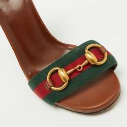 مملوكة مسبقًا Gucci Brown Leather and Web Tape Horsebit Ankle Strap Sandals Size 37