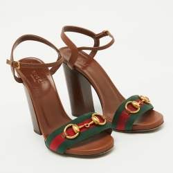 مملوكة مسبقًا Gucci Brown Leather and Web Tape Horsebit Ankle Strap Sandals Size 37