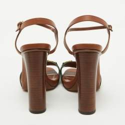 مملوكة مسبقًا Gucci Brown Leather and Web Tape Horsebit Ankle Strap Sandals Size 37