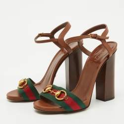 مملوكة مسبقًا Gucci Brown Leather and Web Tape Horsebit Ankle Strap Sandals Size 37