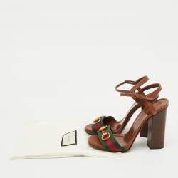 مملوكة مسبقًا Gucci Brown Leather and Web Tape Horsebit Ankle Strap Sandals Size 37