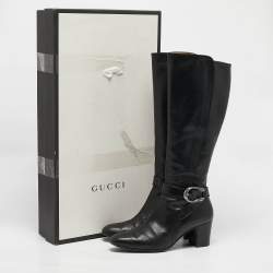 مملوكة مسبقًا حذاء بوت للركبة غوتشي جلد أسود إليزابيث مقاس 42