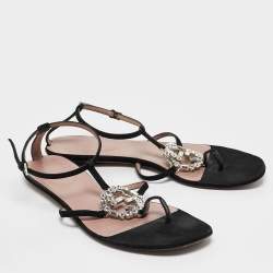 Pre Owned Gucci Black Suede Crystal Embellished Flat Sandals Size 39