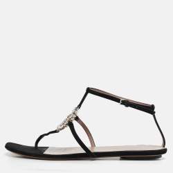 Pre Owned Gucci Black Suede Crystal Embellished Flat Sandals Size 39