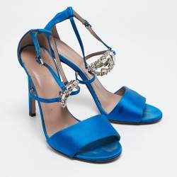 Pre Owned Gucci Blue Satin Crystal Embellished Interlocking G Ankle Strap Sandals Size 39