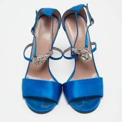 Pre Owned Gucci Blue Satin Crystal Embellished Interlocking G Ankle Strap Sandals Size 39