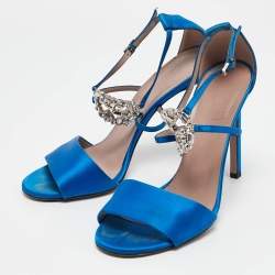 Pre Owned Gucci Blue Satin Crystal Embellished Interlocking G Ankle Strap Sandals Size 39