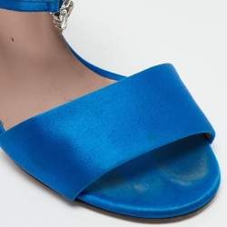 Pre Owned Gucci Blue Satin Crystal Embellished Interlocking G Ankle Strap Sandals Size 39