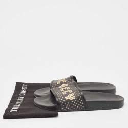 Gucci Black/Gold Coated Canvas and Leather Star Guccy Pool Slides Size 39