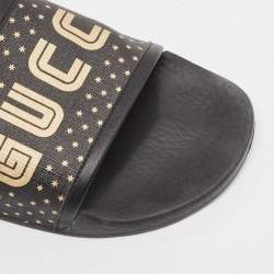 Gucci Black/Gold Coated Canvas and Leather Star Guccy Pool Slides Size 39