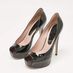 Pre Owned Gucci Black Patent Leather Peep Toe Pumps Size 38
