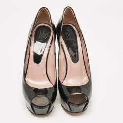 Pre Owned Gucci Black Patent Leather Peep Toe Pumps Size 38