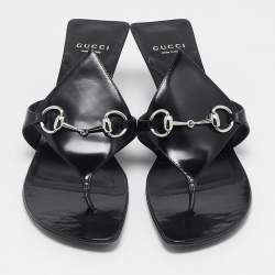 Pre Owned Gucci Black Leather Horsebit Block Heel Slide Sandals Size 42