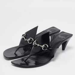 Pre Owned Gucci Black Leather Horsebit Block Heel Slide Sandals Size 42