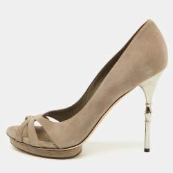 Gucci Grey Suede Bamboo Heel Open Toe Pumps Size 39.5
