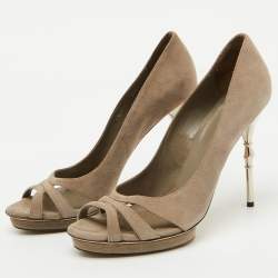 Gucci Grey Suede Bamboo Heel Open Toe Pumps Size 39.5