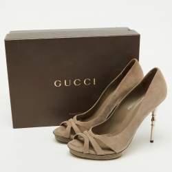 Gucci Grey Suede Bamboo Heel Open Toe Pumps Size 39.5